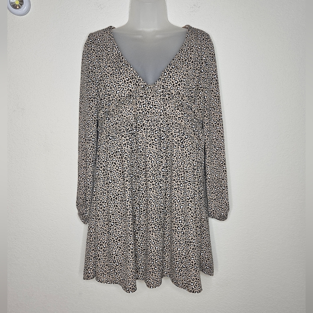Altar'd State Beige and Black Leopard Print Long Sleeve Mini Dress